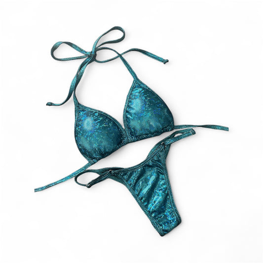 QS - Turquoise on black posing suit  top Small (pro Adj. bottoms)