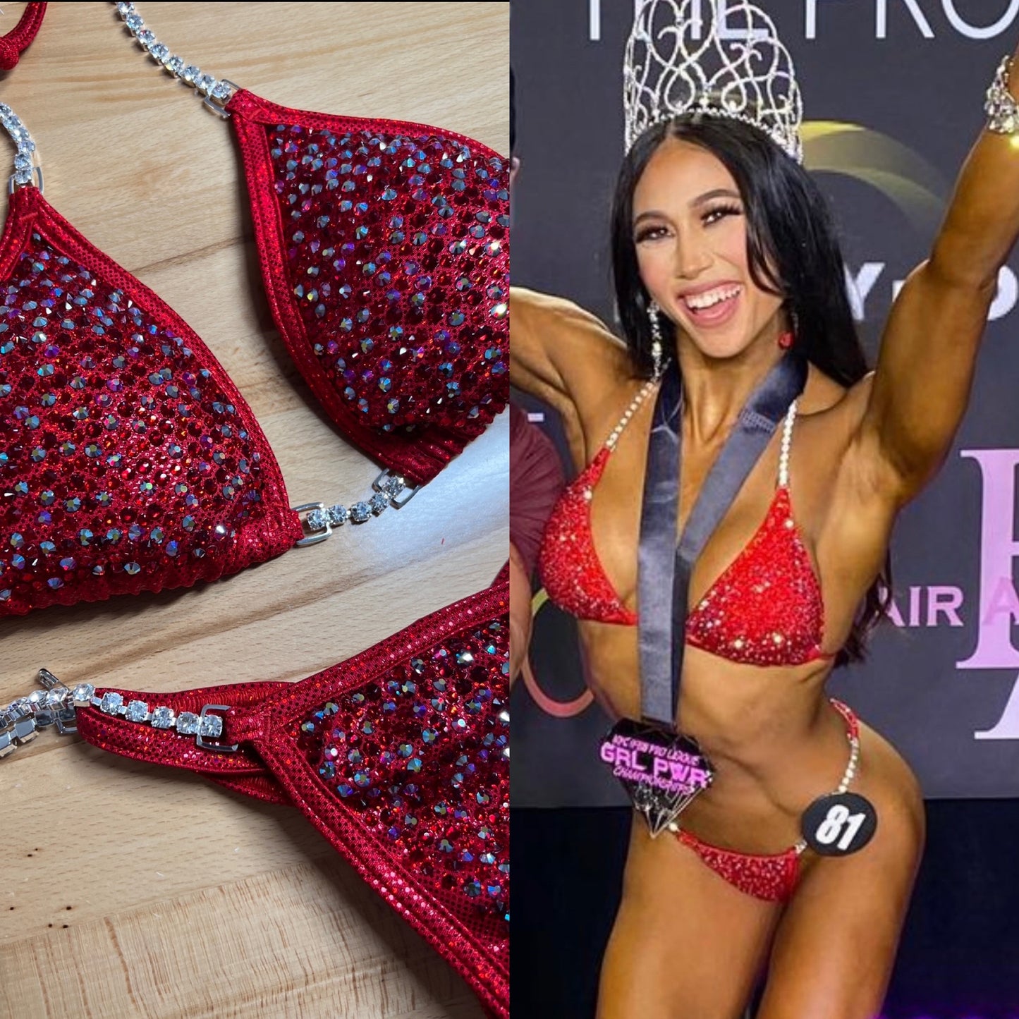 Camryn’s Fire engine red full scatter suit with trimmed crystal edge